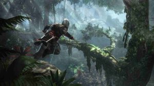 Leaping off a tree brand in the forest canopy in Assassin's Creed Black Flag official game art
