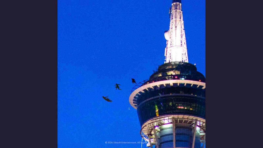 Assassin's Creed Macau Tower collaboration for Black Flag: official teaser visual showing Leap of Faith movement at bungee jump