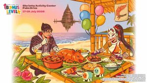 The key visual for Bonus Level Philippines 2026 showing a boy and girl sharing a Filipino feast with a few elements taken from Bandai Namco video games.
