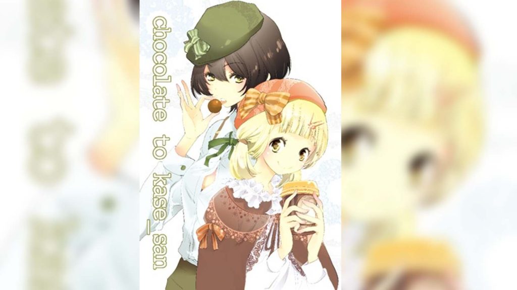 Tomoka Kase holding a chocolate ball and Yui Yamada holding a chocolate drink in Chocolate to Kase-san doujinshi.