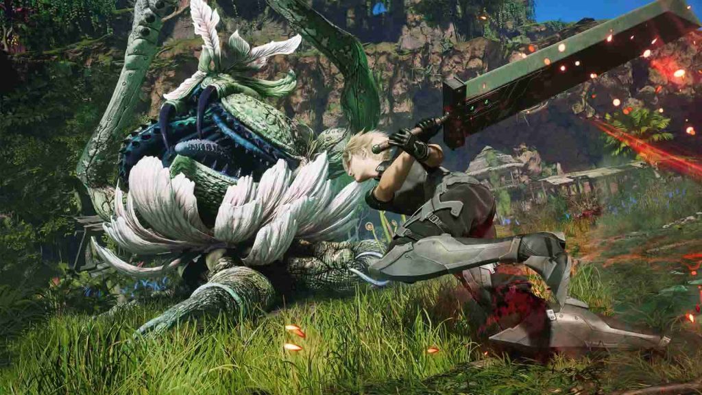 Cloud Strife fighting a monster with his sword in Final Fantasy VII: Revelation.