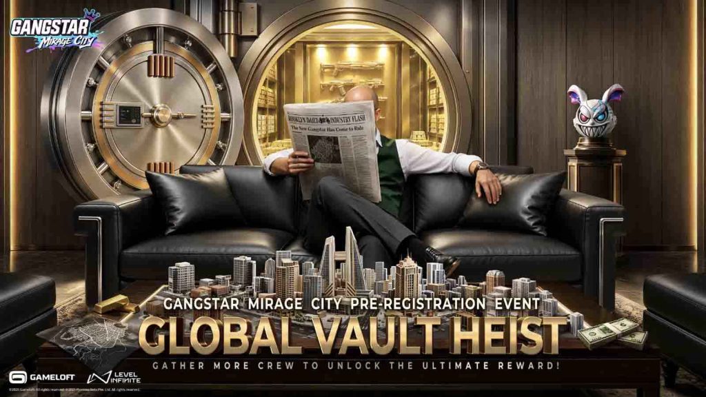 Don Phil reading a newspaper with a massive vault in his background in the key visual for Gangstar Mirage City's Global Vault Heist event.