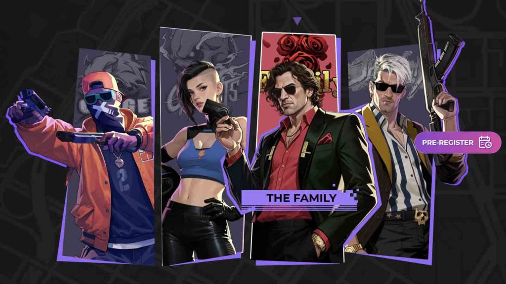 Characters representing factions O-Rage, Ghosts, The Family, and Jersey Boyz in Gangstar Mirage City.