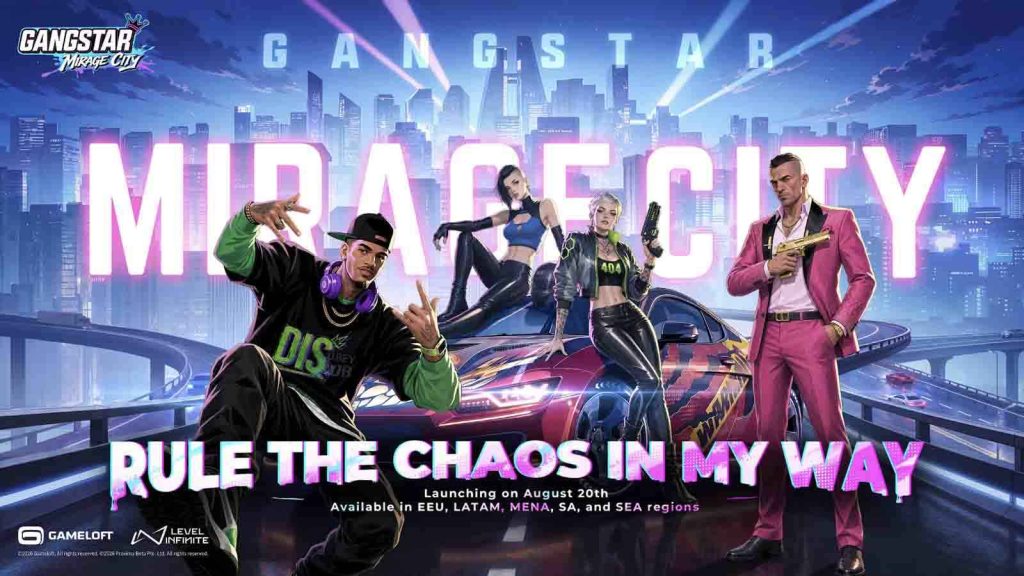 Charlie, Natalie, and other characters posing beside a pink car in the Gangstar Mirage City pre-registration key visual.