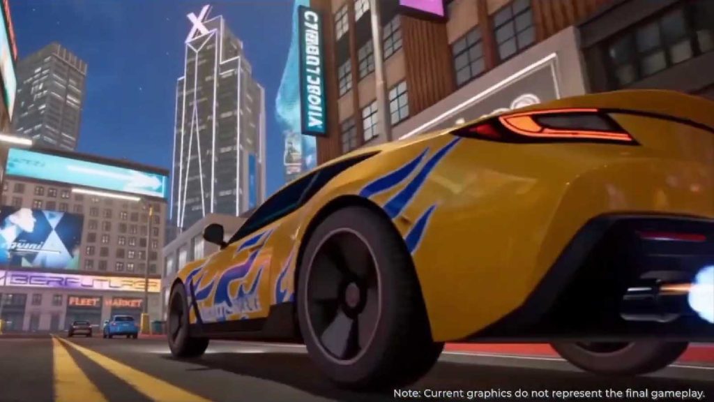 A yellow car speeding around the city in th Gangstar Mirage City teaser video.