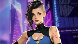 A close-up shot of Natalie from The Ghosts faction, with a background of the city in Gangstar Mirage City.