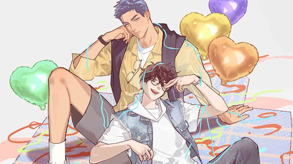 A celebratory art drawn by D JUN for the announcement of the Here U Are anime adaptation. The graphic shows main characters Yang Yu and Huan Li sitting together surrounded by balloons.