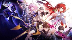 The key visual for Honkai Star Rail 4.4 showing Asat Pramad against Astral Express members March 7th, Sunday, Dan Heng, Welt, Trailblazers Stelle and Caelus, and Himeko Nova.