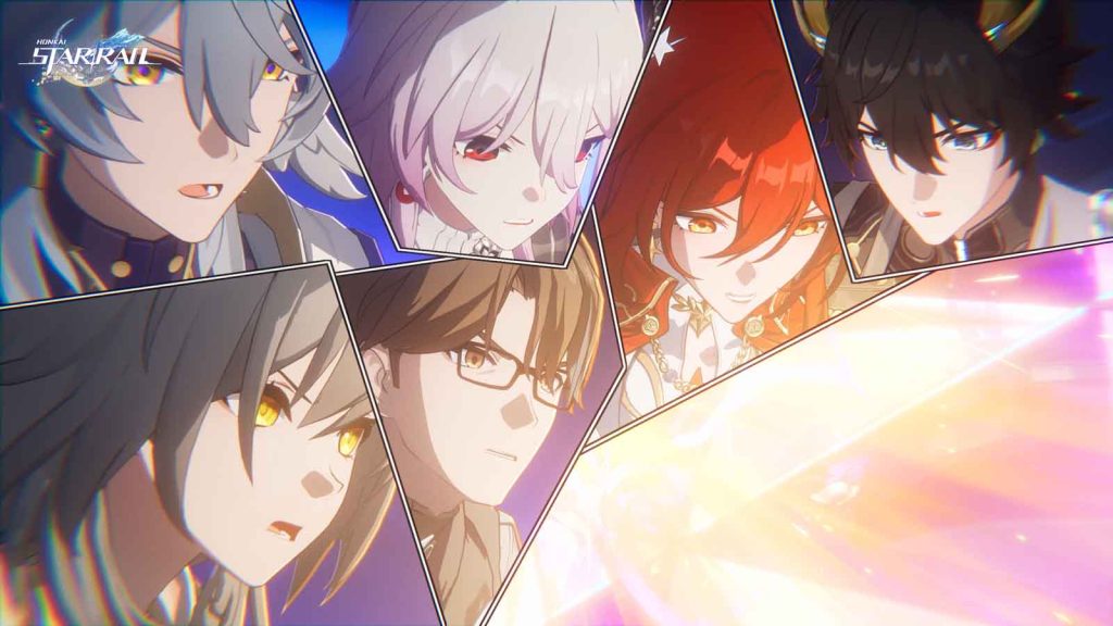The Astral Express members Sunday, Evernight, Himeko Nova, Welt, Trailblazer Stelle, and Dan Heng, all with a shocked expression on their faces in Honkai Star Rail Version 4.4.