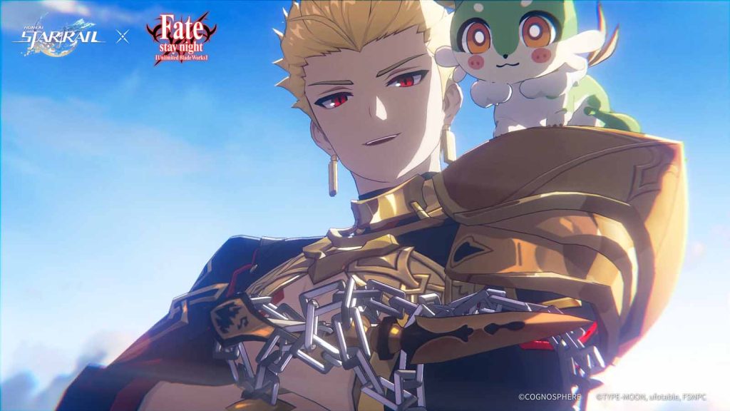 Gilgamesh carrying a chimera on his shoulder in the Honkai Star Rail and Fate/Stay Night collaboration.