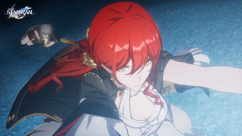 Himeko protecting Trailblazer Stelle as she lies on the ground in Honkai Star Rail Version 4.4.