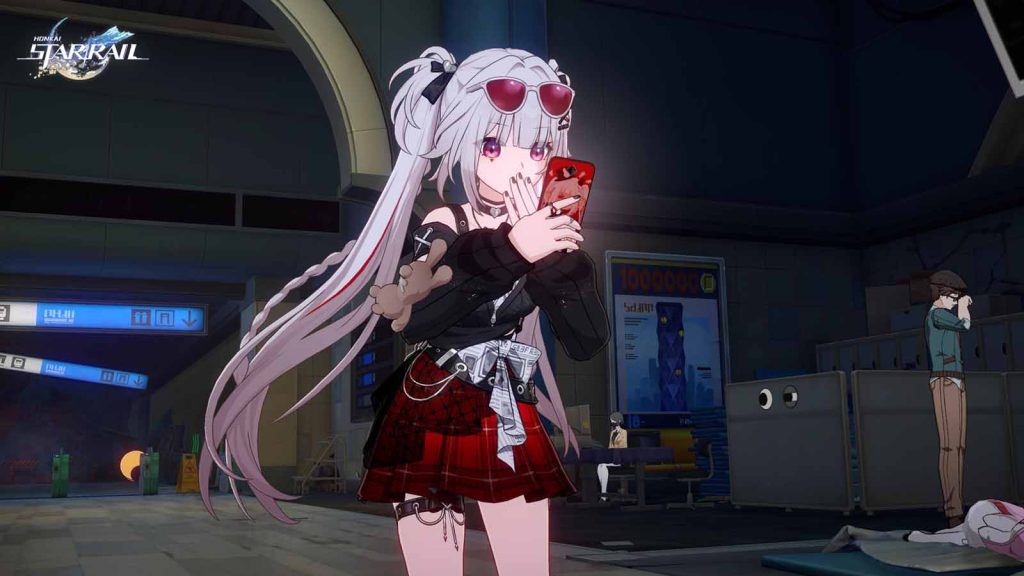 Sparxie in her new outfit, Candy-Coated Waves, looking surprised while looking at her mobile phone screen in Honkai Star Rail version 4.4.