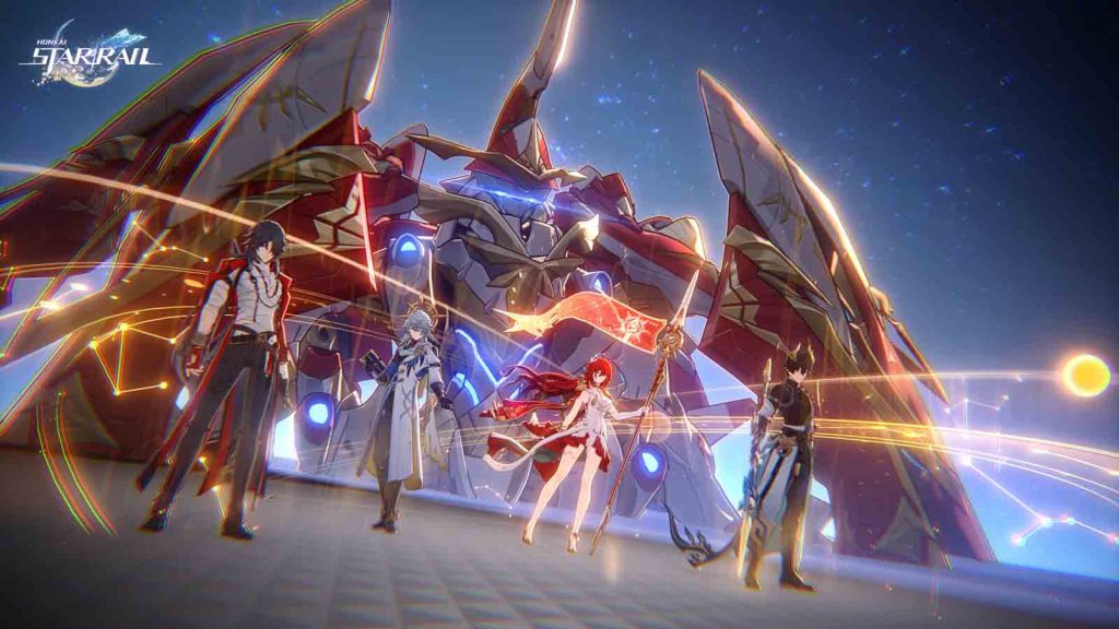 Himeko Nova, Mortenax Blade, Sunday, and Dan Heng Permansor Terrae standing in fromt of Starblazer in Honkai Star Rail version 4.4.