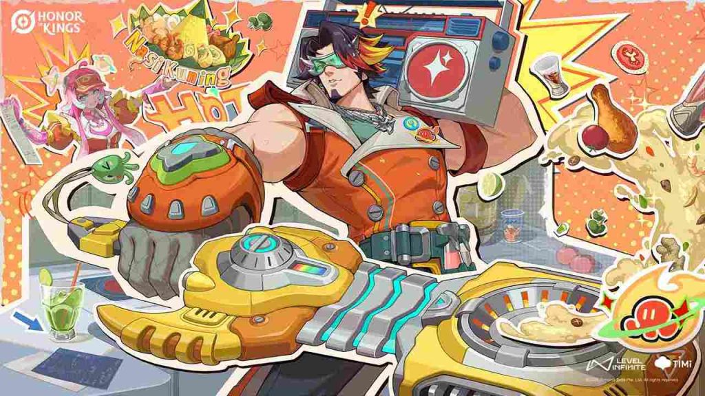 Honor of Kings Cosmic Cravings skin featuring Dun – Cosmic Cravings: Sear. It shows the hero with a boom box while serving a nasi kuning.