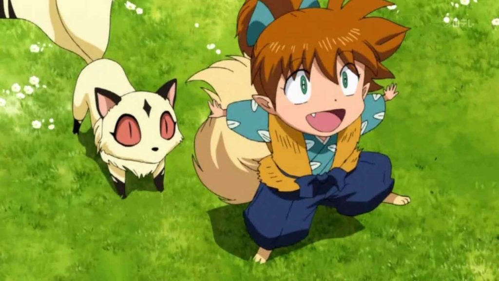 Shippo smiling next to Kirara in the Inuyasha anime series.