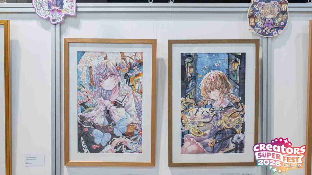 Japanese artist Yukoring's two watercolor art pieces on display at AFA CSF 2026