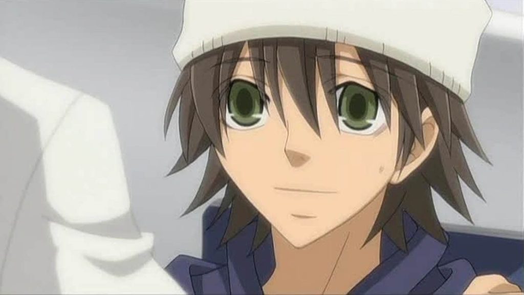 Misaki Takahashi smiling while wearing a white beanie in Junjou Romatica anime.
