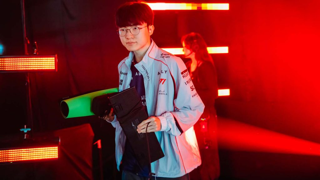 Faker of T1 walks onstage at MSI 2026 Play-Ins Day 1 on June 27, 2026 at Daejeon Convention Center II in Daejeon, South Korea.