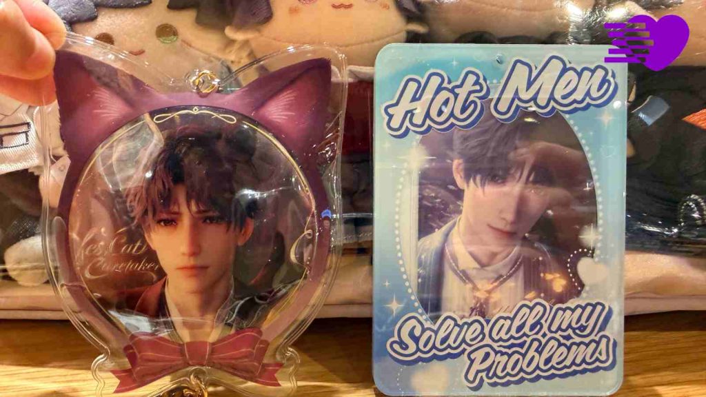 Photograph of Love and Deepspace Rafayel badge and photocard in poca holder as part of oshikatsu fan activity