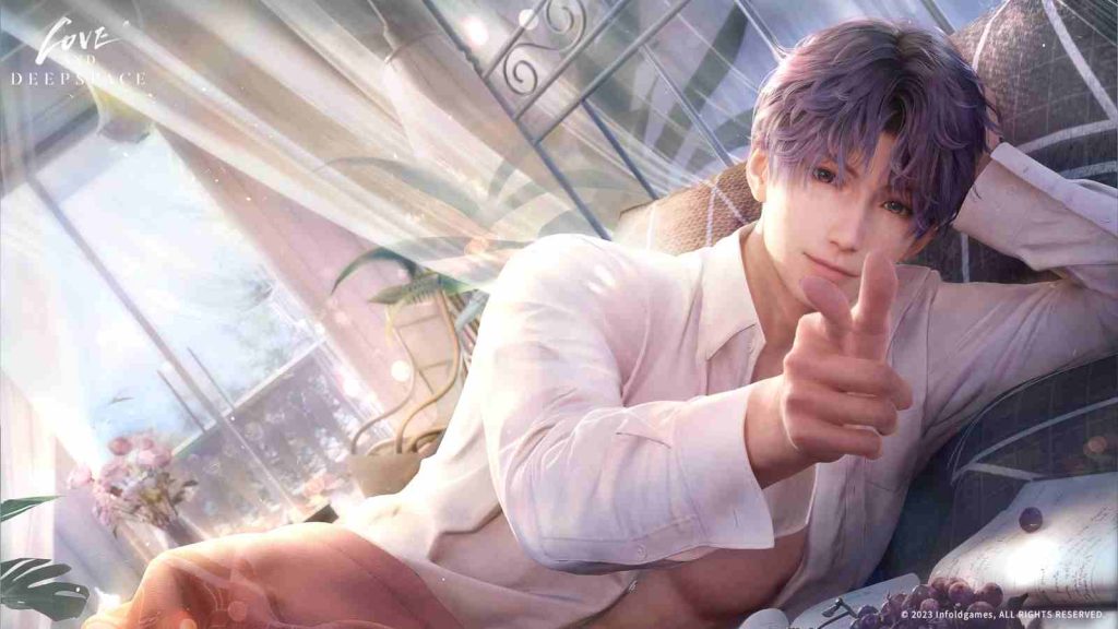 Love and Deepspace's Rafayel in Daybreak's Touch pointing into the camera in official wallpaper
