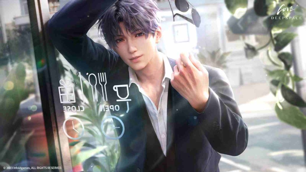 Rafayel looking through a glass panel in Glistening Hearts official wallpaper