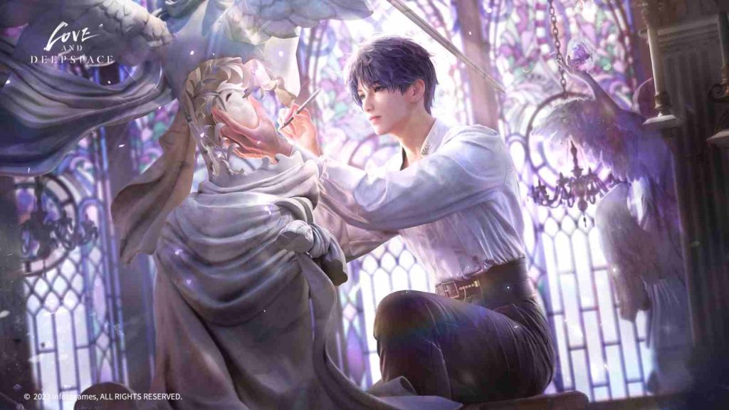 Rafayel sculpting in Love and Deepspace's Ivory Nightfall official wallpaper