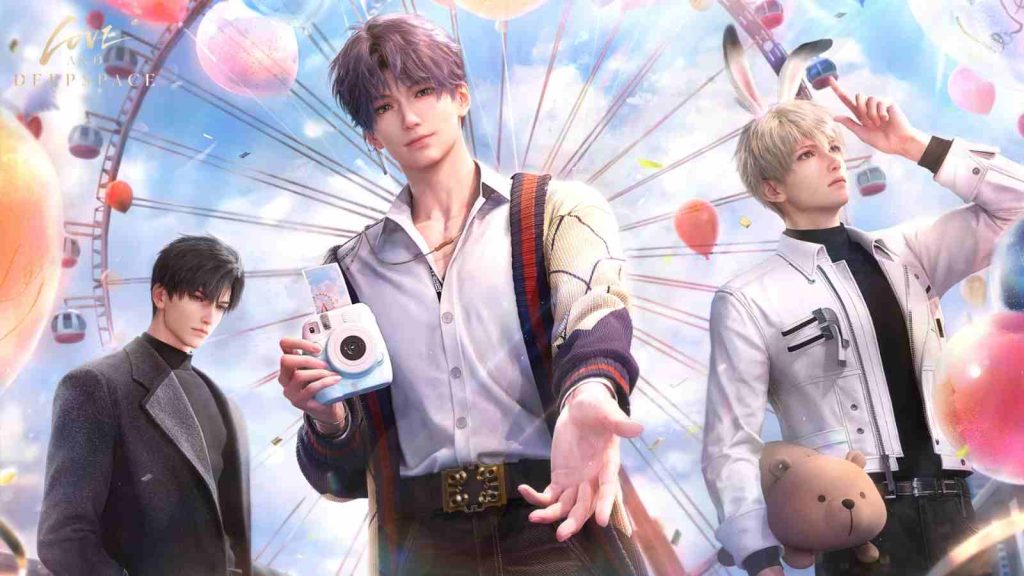 Zayne, Rafayel, and Xavier posing in official Amusement Park wallpaper
