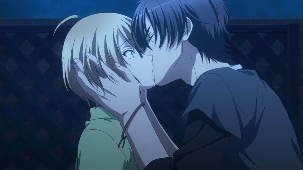 Ryouma Ichijou holding Sena Uzimi's face while kissing him in Love Stage!! anime.