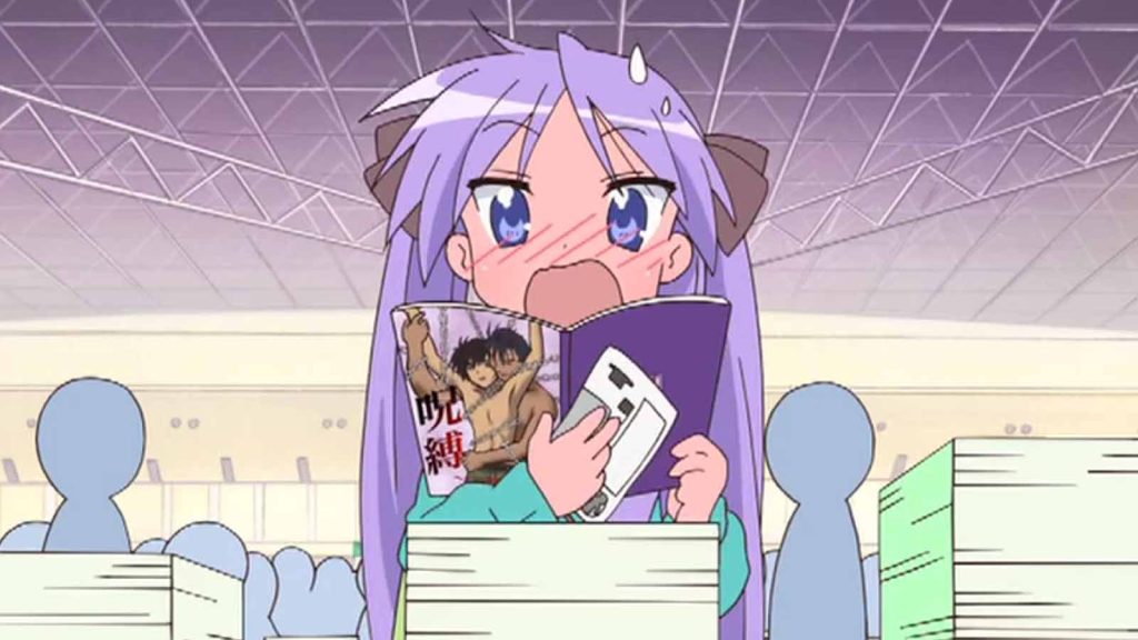 Kagami Hiiragi from Lucky Star reading a yaoi doujinshi during the Comiket episode.