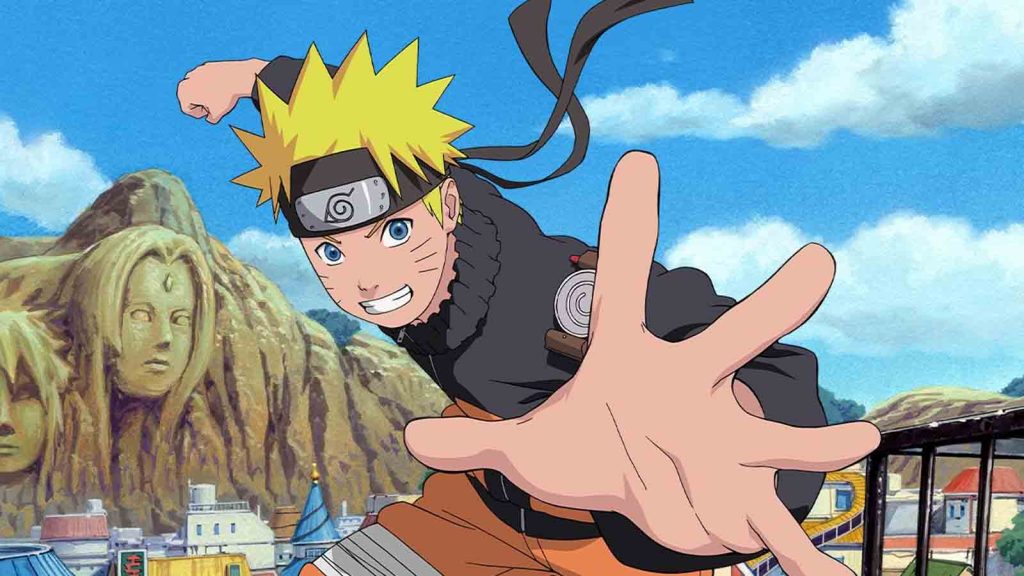 Uzumaki Naruto in the air with his hand reaching out. In the background is the Hokage Mountain in Konoha Village.