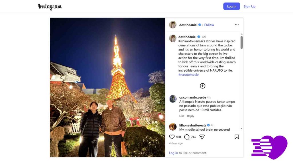 A screenshot of Destin Daniel Cretton's post with open Naruto live-action casting call on Instagram, where he can be seen with Naruto creator Masashi Kishimoto with Japan's Tokyo Tower in the background.