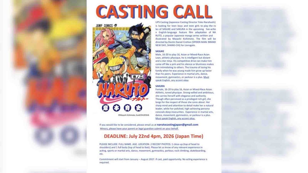 The Naruto live-action casting call announcement from UPS Casting.