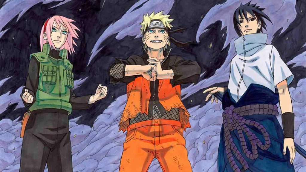 A colored manga panel from Masashi Kishimoto's Naruto, showing Team Seven members Sakura Haruno, Naruto Uzumaki, and Sasuke Uchiha standing together with smoke and dust behind them.