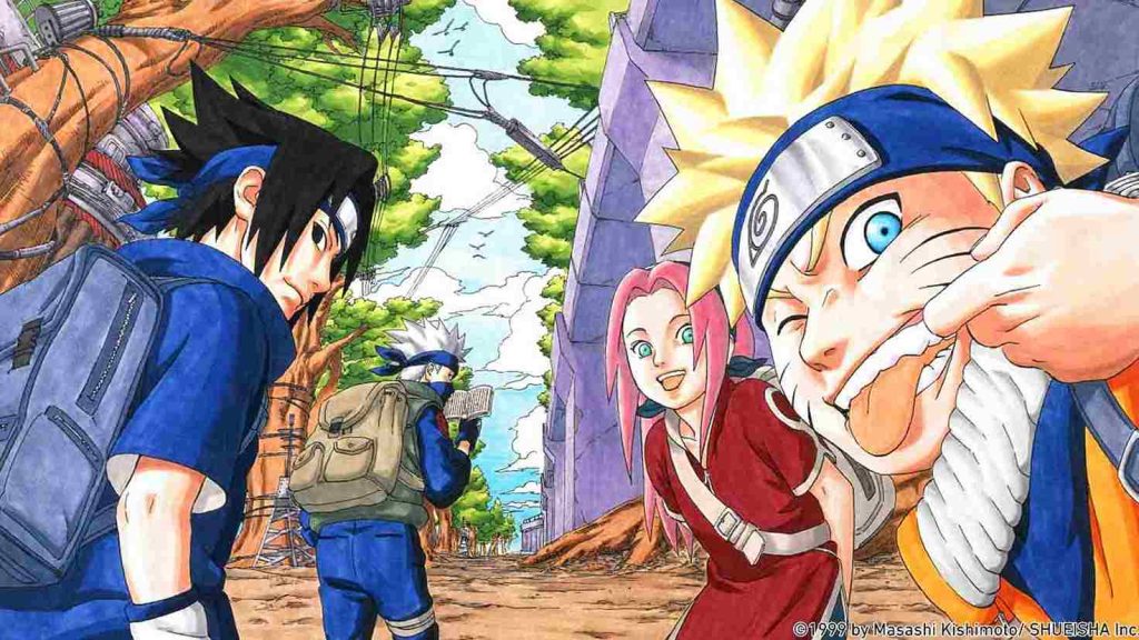 A colored manga panel from Masashi Kishimoto's Naruto, showing Team Seven members Sasuke Uchiha, a smiling Sakura Haruno, and a goofy Naruto Uzumaki with Kakashi Hatake in the distance.