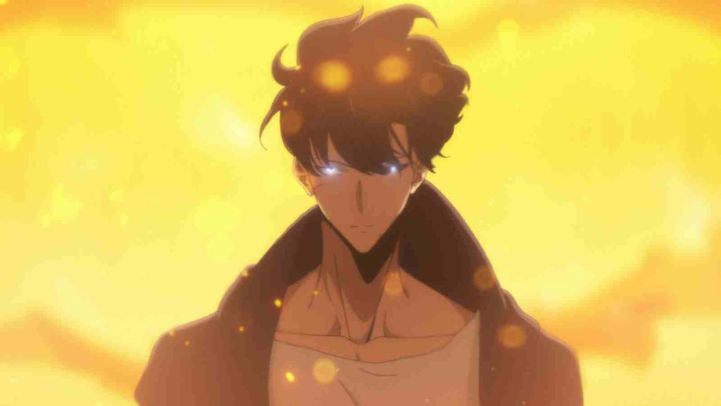 Jinwoo emerging with flames int he background in Solo leveling anime episode 24