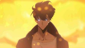 Jinwoo emerging with flames int he background in Solo leveling anime episode 24