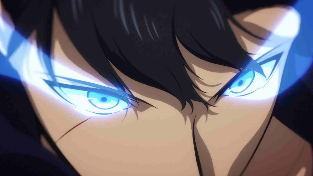Jinwoo with glowing blue eyes in Solo Leveling anime episode 24