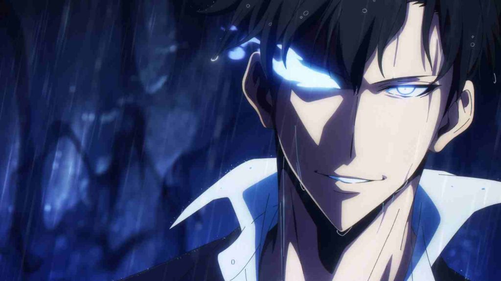Sung Jinwoo smiling with glowing blue eyes in Solo leveling anime episode 25 official screenshot