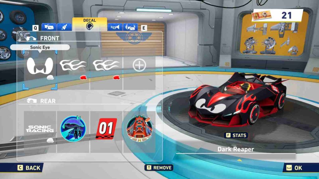 Sonic Racing Crossworlds car customization screen