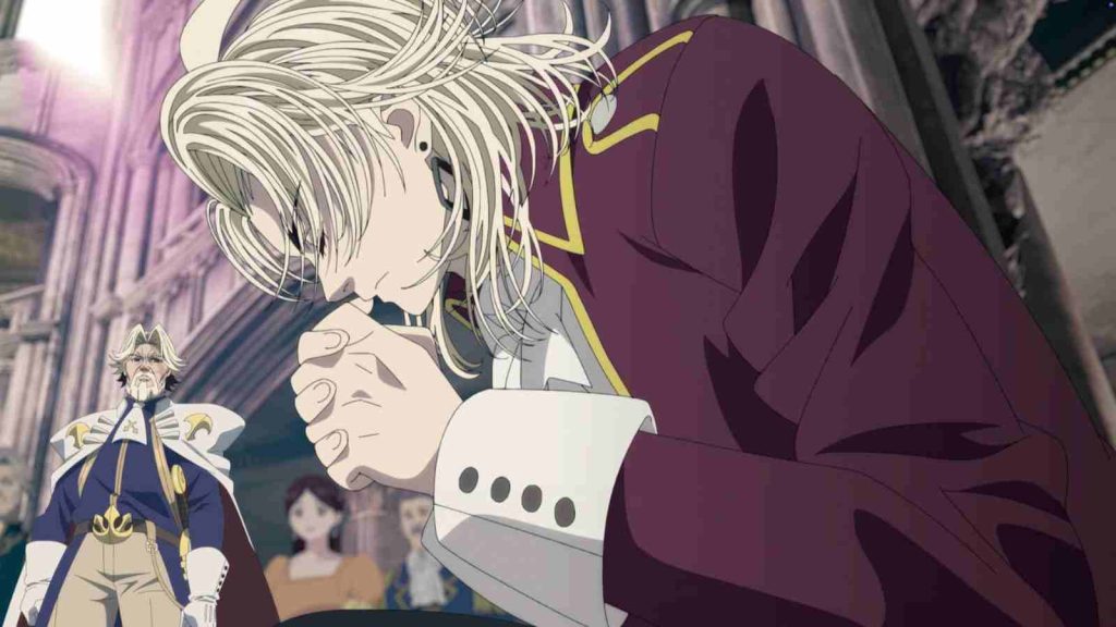 Elma kneeling before the crowd for his class allocation in episode 1 of The Exiled Heavy Knight Knows How to Game the System anime