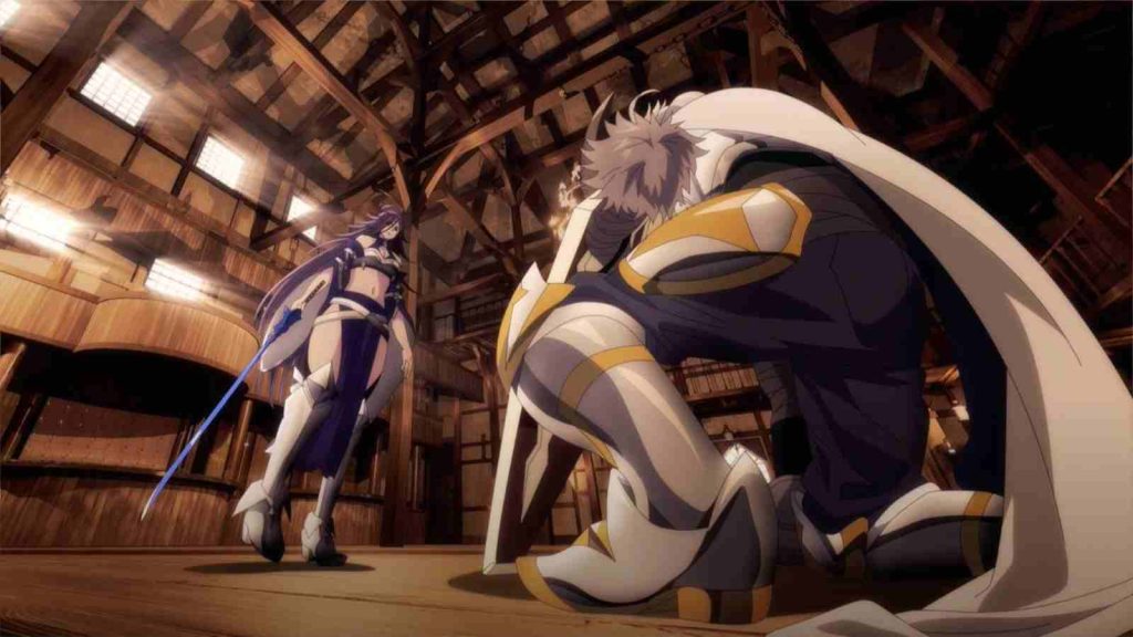 Elma kneels before Malice Edvanghn in episode 1 of The Exiled Heavy Knight Knows How to Game the System anime