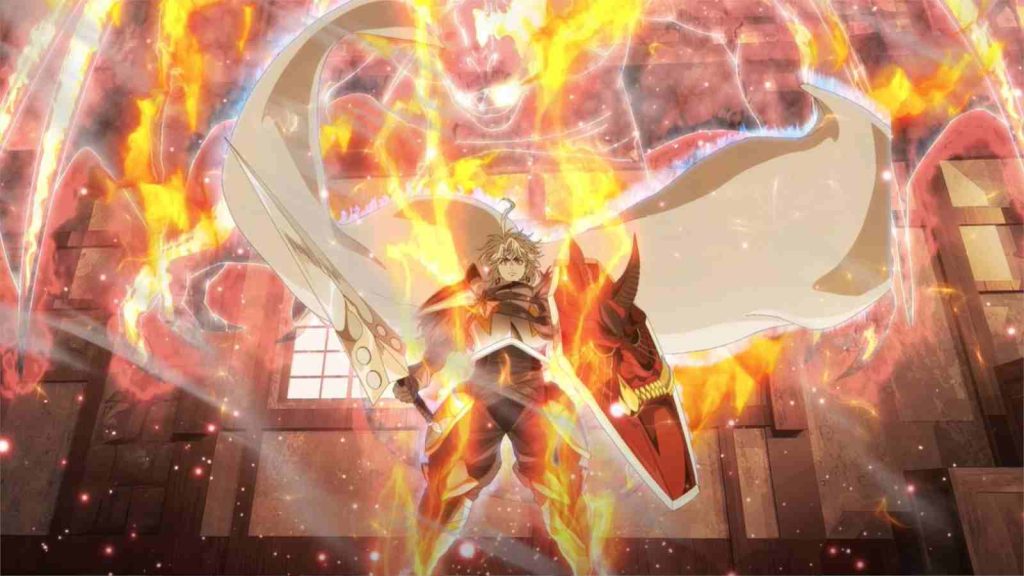 Elma in full powered up armor with glowing flames around him in episode 1 of The Exiled Heavy Knight Knows How to Game the System anime