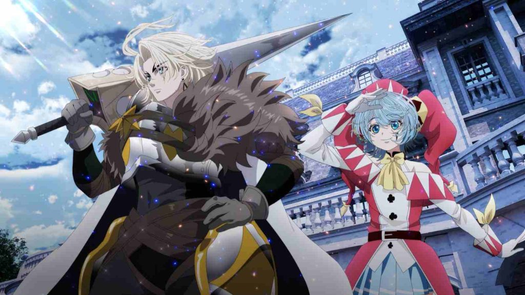 Elma in Knight armor posing next to Ruche Luvis in episode 1 of The Exiled Heavy Knight Knows How to Game the System anime
