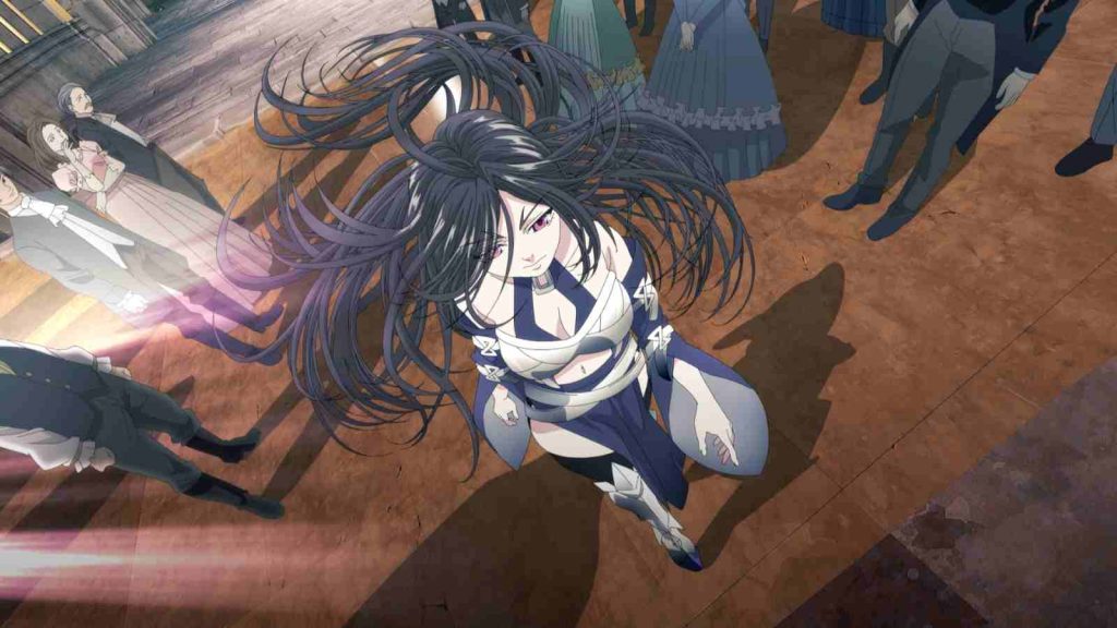 Top view of Malice Edvanghn standing in the castle in episode 1 of The Exiled Heavy Knight Knows How to Game the System anime