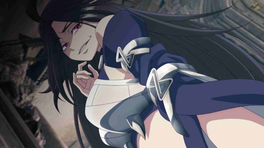 Malice Edvanghn grinning menacingly in episode 1 of The Exiled Heavy Knight Knows How to Game the System anime