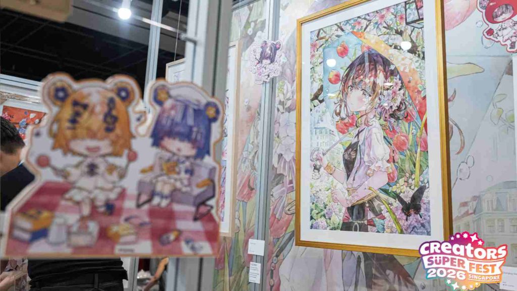 Up close photograph of the watercolor art on display at Japanese artist Yukoring exhibition at AFA CSF 2026