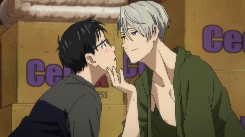 Victor Nikiforov holding Yuuri Katsuki's chin while almost topless in Yuri on Ice anime.