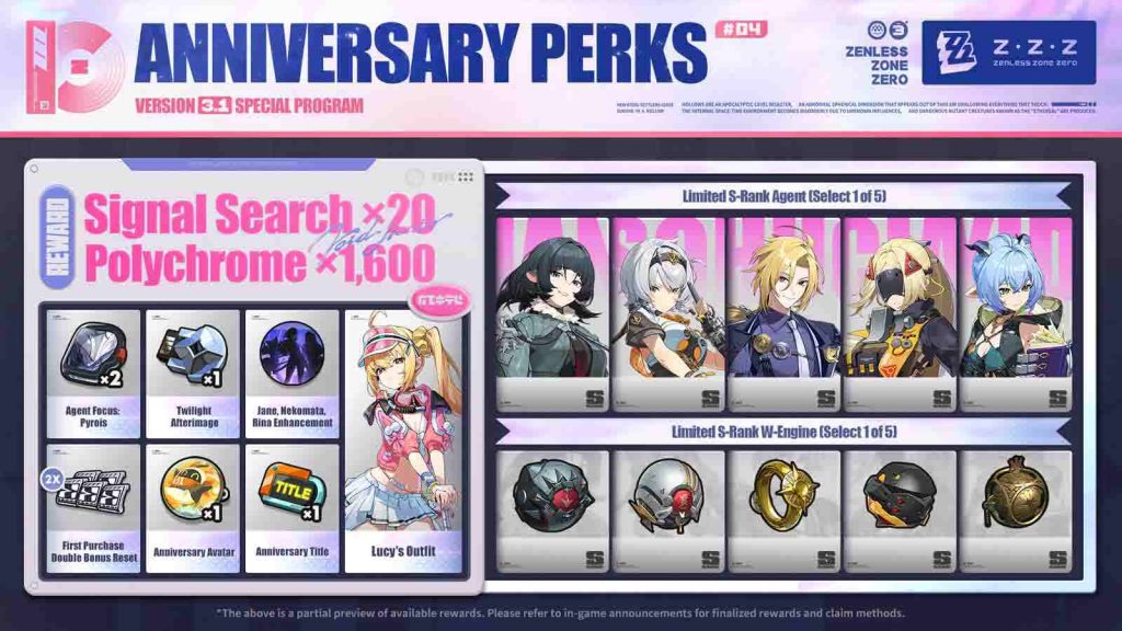 All Zenless Zone Zero 3.1 anniversary rewards, including an S-Rank Agent selector.