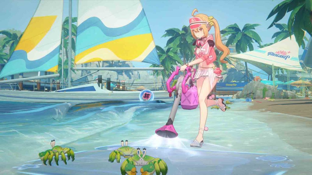 Lucy beachcombing for crabs and other sea creatures while wearing her summit outfit Princess on Vacation in Zenless Zone Zero.