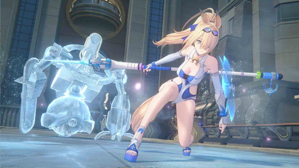 Sigrid in her Majestic Wavechaser swimsuit outfit freezing an enemy.